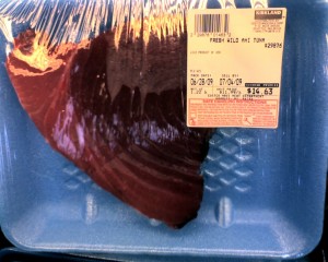 A nice red fresh wild ahi steak, for under $15 at Costco. 