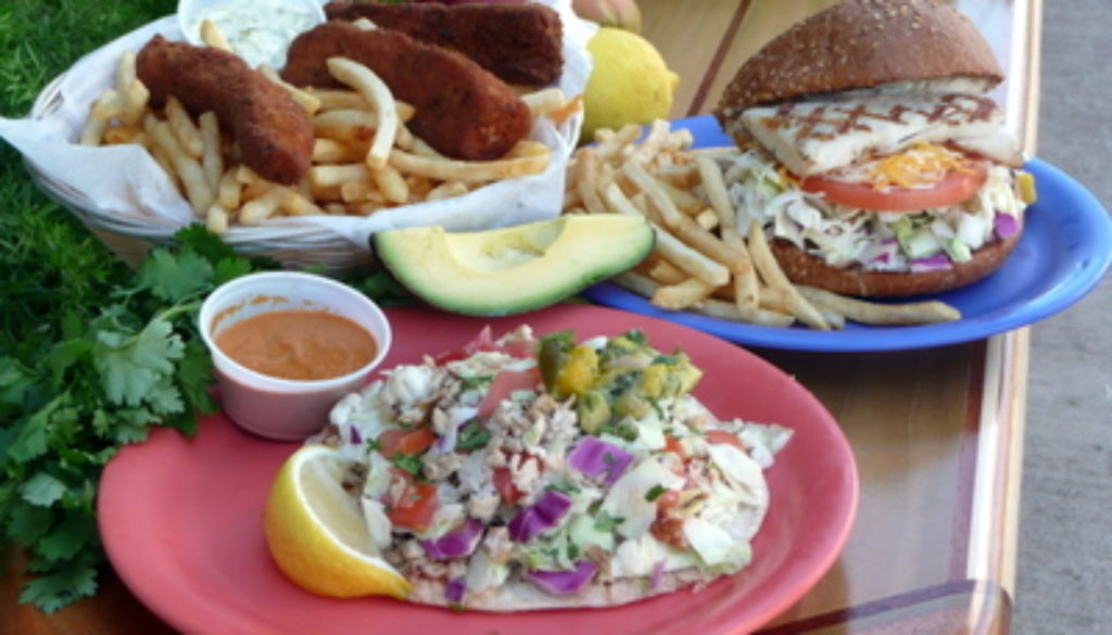I took this from Coconuts Fish Cafes website, because my picture was too blurry. Low blood sugar makes me shaky. The fish sandwich is the one on the right. We also like the fish and chips, top left.