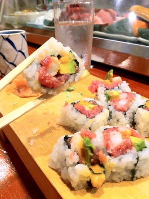 James' no-name-birthday-roll, made for him by Hiro-san, the master sushi chef who owns Koiso Sushi Bar in Kihei 