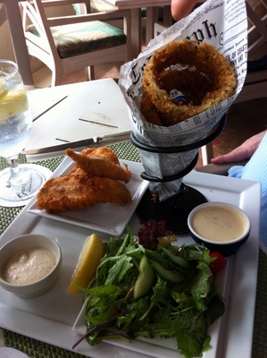 fish and chips (except we got salad, and onion rings on the side) at Bistro Molokini. Tender, flaky fish, and excellent steak-cut onion rings.  